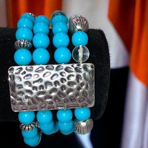 Turquoise Colored, Silver-Tone, Clear Beaded 4-Strand Bracelet!